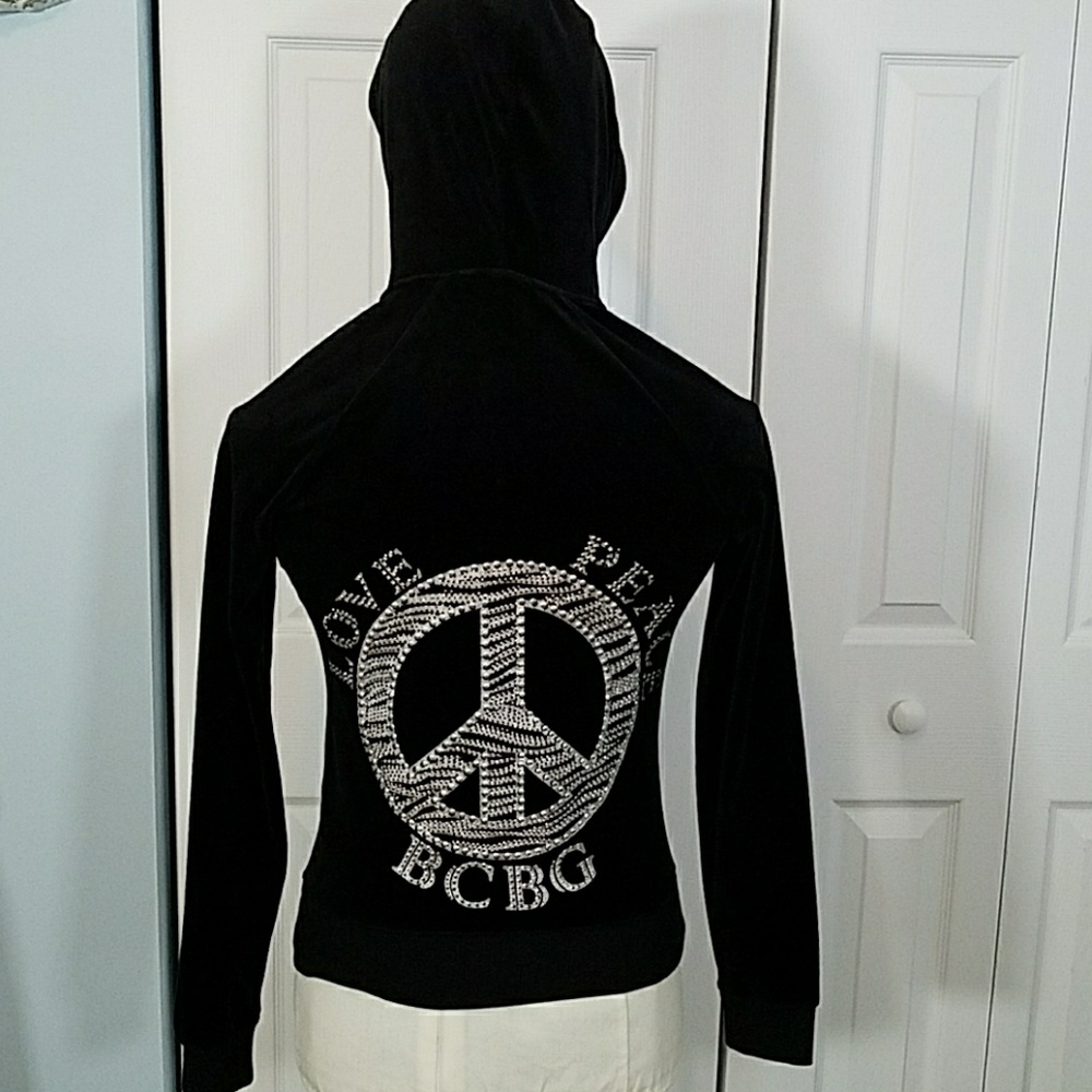 BCBG Peace Black Velour Hoodie Jacket sz S Love